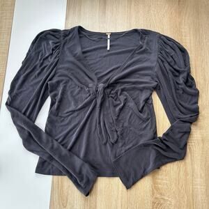 Free People Puff Sleeve Tie Front Long Sleeve Blouse Women's Size M Black